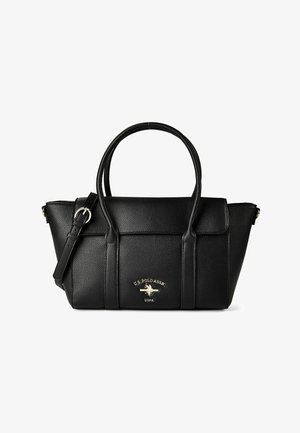 Sac à main en cuir noir texturé avec deux poignées, une bandoulière ajustable et un logo doré U.S. Polo Assn. au centre avant.