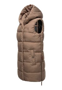 Beige gepolsterte Weste mit Kapuze, gestepptem Design, seitlichen Taschen und Knopfverschluss. Bietet eine schlanke, isolierte Silhouette.