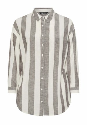 Langærmet skjorte med knapper, brede lodrette beige og hvide striber, spids krave og hvide knapper ned foran.