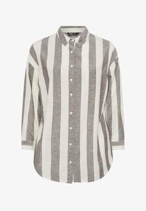 Langærmet skjorte med knapper, brede lodrette beige og hvide striber, spids krave og hvide knapper ned foran.