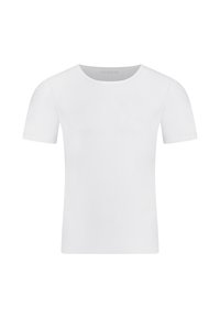 Biała bawełniana koszulka, krótki rękaw, okrągły dekolt, gładka faktura, standardowy krój, bez wzorów ani grafik, minimalistyczny design.