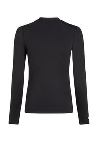 Haut noir à manches longues avec un col rond, en tissu extensible, coutures plates, et un logo subtil près de l'ourlet sur le côté gauche.