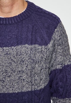 Gebreide trui met een geribbelde ronde halslijn, versierd met afwisselende donkerblauwe en lichtgrijze kabelpatronen. Geweven stof overal.
