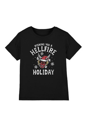 Black t-shirt featuring a red and white graphic of a horned, smiling devil in a Santa hat with the text "Wishing You a Hellfire Holiday."