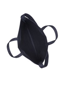 Sac en toile réutilisable bleu marine vide avec deux poignées, sur fond blanc, vu du dessus avec un dessus ouvert.