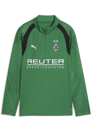 Zielona sportowa koszulka z długim rękawem z czarnymi akcentami na ramionach, logo Puma, herb Borussia Mönchengladbach i tekst sponsorski Reuter z przodu.
