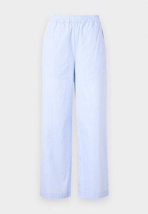 Lysblå stribede bukser med elastisk talje, vid benedesign, sidelommer og en glat overflade. Ingen yderligere udsmykninger.