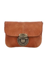 Borsetta di pelle marrone dalla forma arrotondata, con una chiusura in bronzo e dettagli di cucitura lungo la parte superiore. Texture liscia, design compatto.