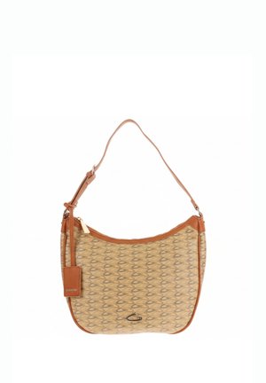 Borsa a tracolla beige e marrone con motivo ripetuto a “C”, rifiniture in pelle, tracolla regolabile, piccola targhetta del marchio e logo in metallo sul davanti.