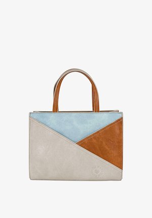 Bolso rectangular con base texturizada en gris claro, acentos geométricos azules y marrones, y dos asas cortas. Presenta un logotipo en relieve.