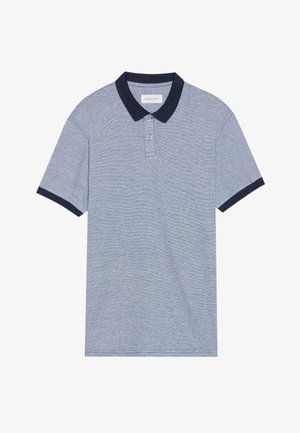 Polo pour homme en bleu et marine, avec un design texturé à rayures, un plastron à deux boutons et des accents de col et de poignet contrastants.