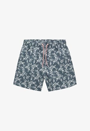 Schwimmshorts aus Stoff mit einem dunkelblauen Hintergrund, versehen mit einem weißen Blattmuster und einem pinken Kordelzug am elastischen Bund.