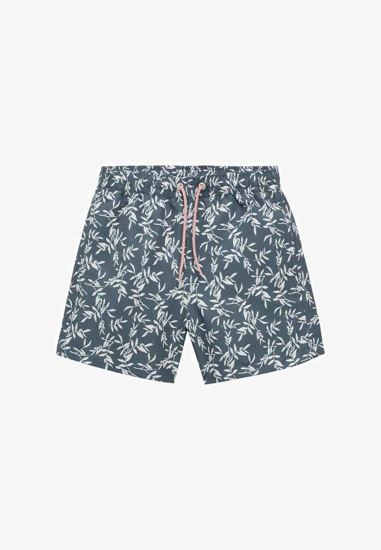 Plavalne hlače iz tkanine z temno modrim ozadjem, ki imajo bel vzorec listov in roza vrvico na elastičnem pasu.