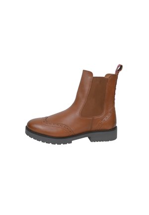 Brune læderankelstøvle med broguedetaljer, elastiske sidepaneler og en tekstureret pull-tab. Solid sort gummisål for godt greb.
