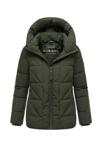 Dark green puffer jacket with a hood, diamond quilted design, zip front, and side pockets. Fabric appears smooth with a matte finish.