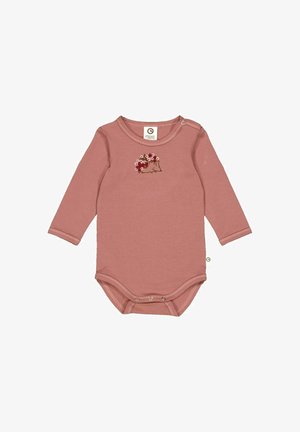 Long-sleeve baby bodysuit in soft rose fabric, featuring a hedgehog design with flowers. Snaps at the bottom for easy diaper changes.