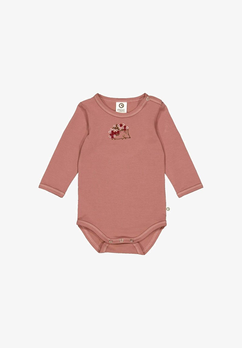 Bodysuit à manches longues pour bébé en tissu rose tendre, mettant en avant un design de hérisson avec des fleurs. Pressions en bas pour un changement de couche facile.