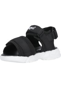 Sort remsandale med polstret overdel og justerbare velcro-lukninger. Hvid sål med struktureret slidbane for godt greb.
