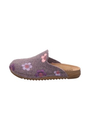 Lila Filz-Pantoffel zum Hineinschlüpfen mit bestickten rosa und lila Blumen und einer braunen strukturierten Sohle.