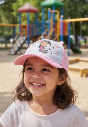 Smiling young girl wearing a pink cap with cartoon characters, standing in front of colorful playground equipment on a sunny day.