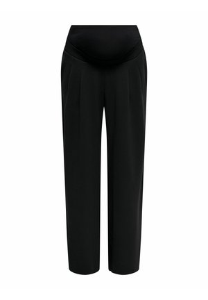 Pantalon de maternité noir avec une taille haute extensible et des jambes droites larges, conçu pour le confort et le soutien.