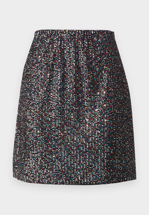 Zwarte mini-rok versierd met kleine, kleurrijke pailletten, met een elastische tailleband, een gladde textuur en een rechte silhouette.