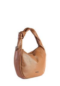 Borsa a spalla in pelle marrone con texture, manico intrecciato, piccolo logo metallico sul davanti e chiusura con zip nella parte superiore.