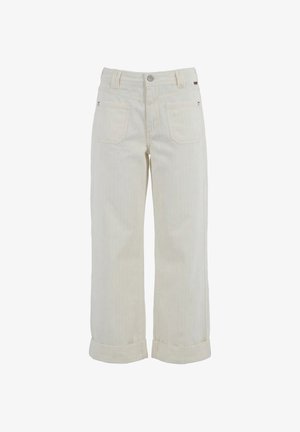Pantalon droit de couleur crème avec poches plaquées à l'avant, passants pour ceinture, fermeture par bouton et ourlets retroussés.