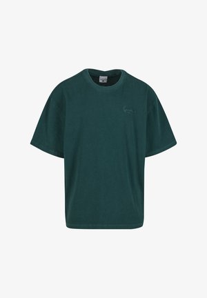 Zielona bawełniana koszulka z okrągłym dekoltem i krótkimi rękawami. Posiada małe haftowane logo na piersi. Prosty krój, miękka tekstura.