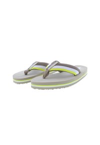 Flip-flops dengan sol beige, tali mesh putih dan abu-abu, serta aksen hijau. Alas kaki yang terstruktur dan bagian bawah karet bertekstur untuk traksi.