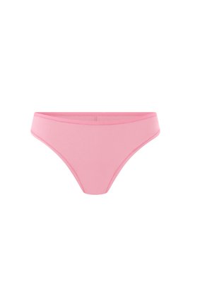 Pink cotton bikini brief with a smooth texture, low-rise design, and minimalistic stitching. Features no embellishments or patterns.