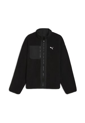 Schwarze Fleecejacke mit hohem Kragen, Frontreißverschluss und einer linken Brusttasche. Mit Logo auf der oberen linken Seite. Weiche Textur.