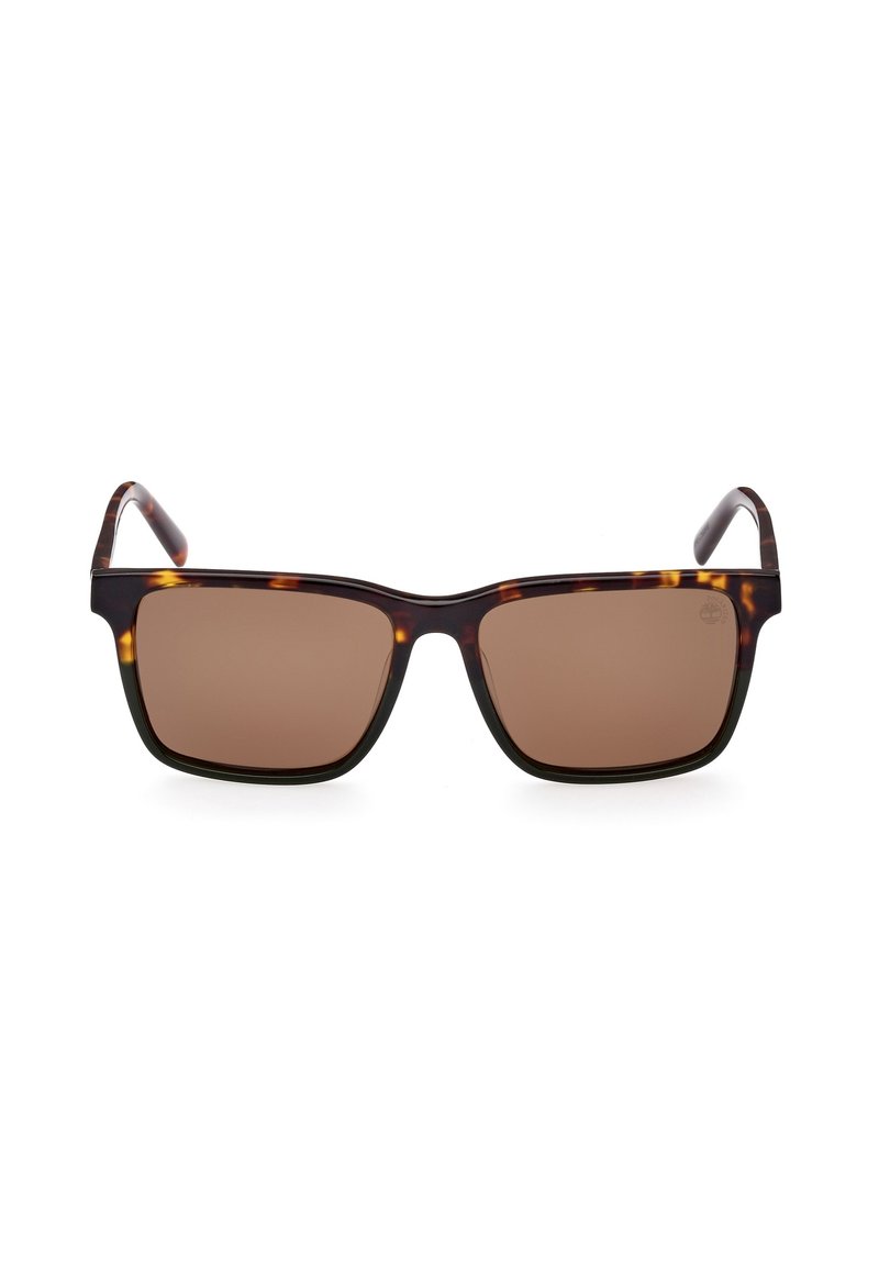 Occhiali da sole tartaruga marrone con montatura quadrata e lenti marroni. Caratterizzati da un design elegante e una superficie liscia.