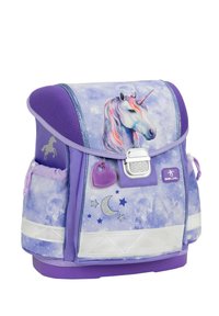 Lila Rucksack mit einem Einhorn-Design, Stern- und Mondakzenten, atmungsaktivem Mesh-Gewebe und einem herzförmigen Reißverschluss-Zieher.