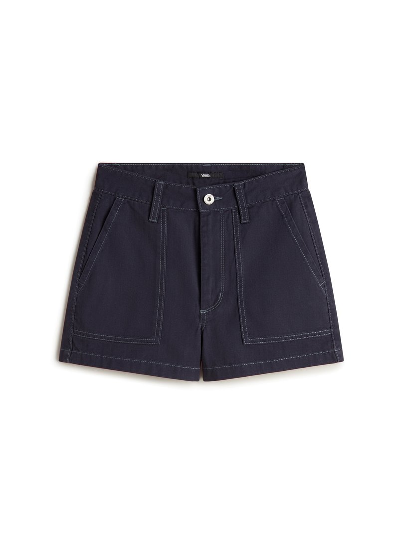 Shorts bleu marine en coton, avec des poches avant plaquées, des coutures contrastées, une fermeture à bouton et un ourlet droit.