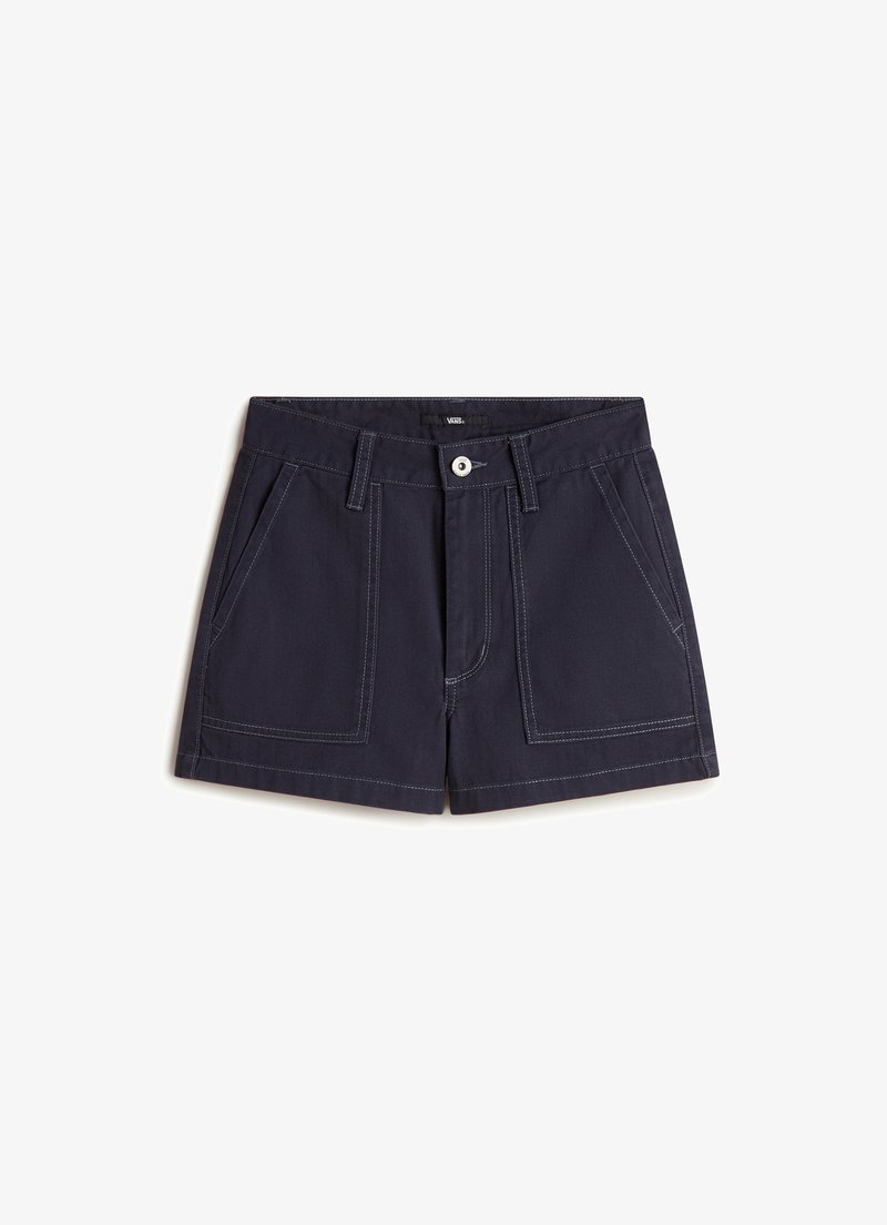 Pantaloni corti blu navy in cotone, con tasche a toppa frontali, cuciture a contrasto, chiusura con bottone e orlo dritto.