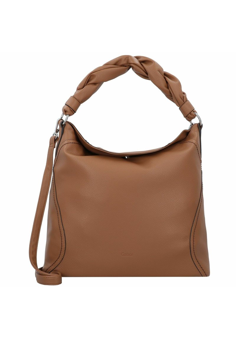 Bolso de cuero marrón con un asa trenzada en la parte superior, textura suave y costuras en contraste, que incluye una correa ajustable para el hombro.