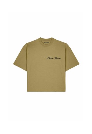 T-shirt corta kaki a maniche corte con collo rotondo e testo nero "Mira Paris" sul petto sinistro.