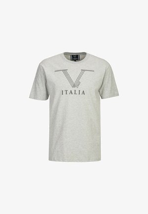 Grey cotton T-shirt features short sleeves, round neckline, and black printed text with "V" and "ITALIA 1969" design elements on the front.