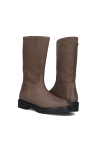 Bruine laarzen tot halverwege de kuit met zwarte lug-zolen, een gladde matte afwerking en zichtbare stiksels op een witte achtergrond.