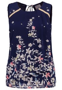 Sleeveless marinblå blus med blommönster i rosa, vitt och grönt. Nyckelhål bakdetalj med en delikat, genomskinlig struktur.