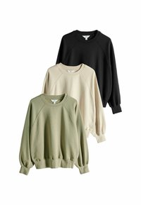 Drei Rundhalsausschnitt-Sweatshirts in Olivgrün, Beige und Schwarz. Merkmale sind Raglanärmel und elastische Bündchen. Weicher Stoff.