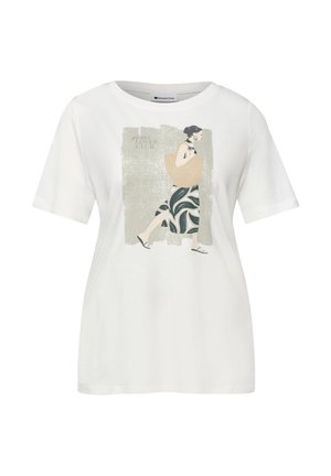 Hvid t-shirt med grafik af en kvinde i mønstret nederdel og sandaler, der bærer en stor taske, tekst "plant LOVER CLUB" over hende.