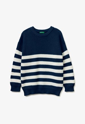 Marineblauer Strickpullover mit weißen horizontalen Streifen über Körper und Ärmeln, Rundhalsausschnitt sowie gerippten Bündchen und Saum.