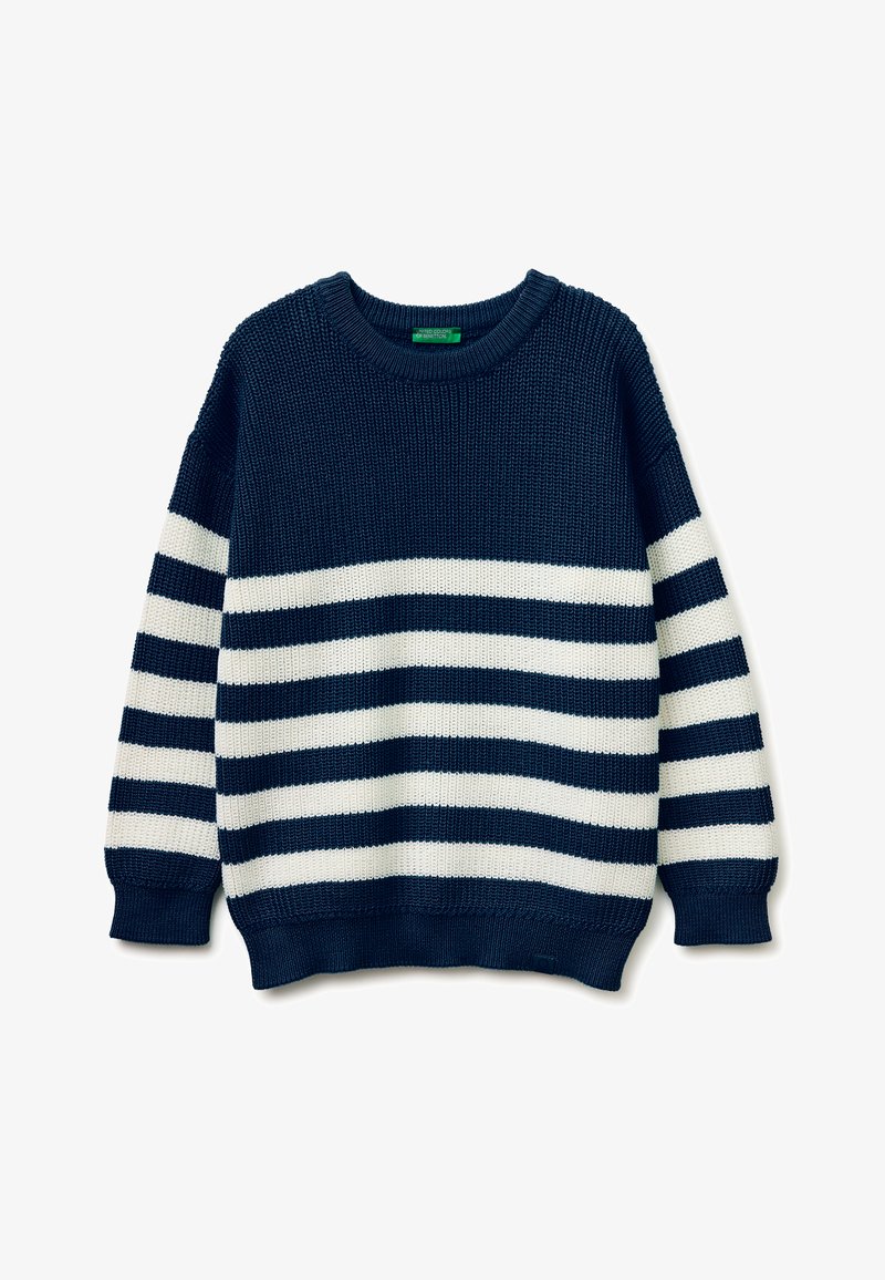 Pull en tricot bleu marine avec des rayures horizontales blanches sur le corps et les manches, col rond, poignets et ourlet côtelés.