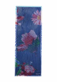 Sciarpa con motivo floreale su sfondo blu; presenta fiori rossi e foglie verdi; superficie testurizzata con linee ondulate; forma rettangolare.
