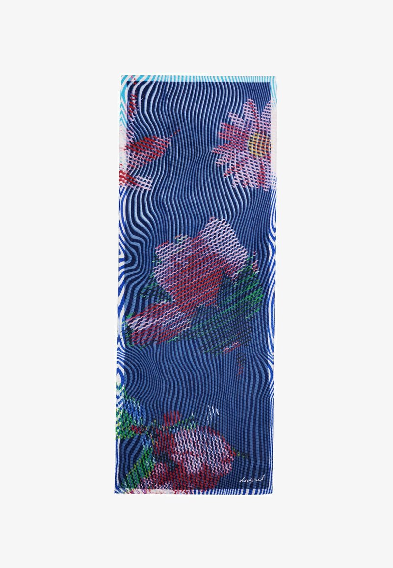 Sciarpa con motivo floreale su sfondo blu; presenta fiori rossi e foglie verdi; superficie testurizzata con linee ondulate; forma rettangolare.