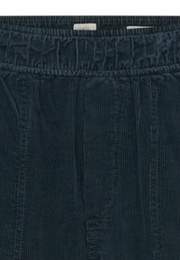 Dunkelblaue Cordhosen mit elastischem Bund, vertikaler Rillenstruktur und seitlichen Nähten mit Stichdetails.