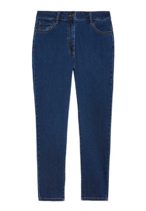 Dunkelblaue, schmal geschnittene Jeans aus Denim mit Vordertaschen, Gürtelschlaufen, Knopfverschluss und sichtbaren orangen Nähten vor weißem Hintergrund.