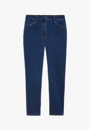 Granatowe dżinsy o wąskim kroju z przednimi kieszeniami, szlufkami na pasek, zapięciem na guziki i widocznym pomarańczowym przeszyciem na białym tle.